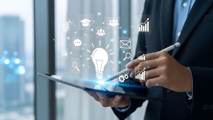 Businessman analyzing data with tablet and digital icons for business strategy and innovation in modern office space
