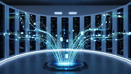 Data flow in server room, digital information network concept