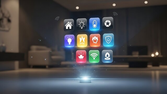 Smart home holographic interface with functional control icons.