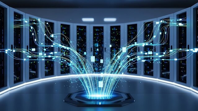 Data flow in server room, digital information network concept