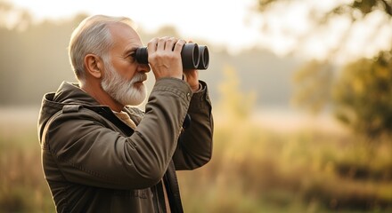 Bearded elderly man watching birds through binoculars in a serene natural park at golden hour for an outdoor hobby concept and peaceful retirement lifestyle