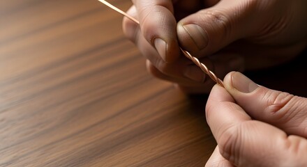 Person's fingers carefully twisting copper wire over a warm wooden background for a detailed craftwork concept and hands-on creativity