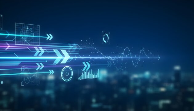 Futuristic Data Flow Over Cityscape High-Speed Digital Information Transfer and Technology Network.