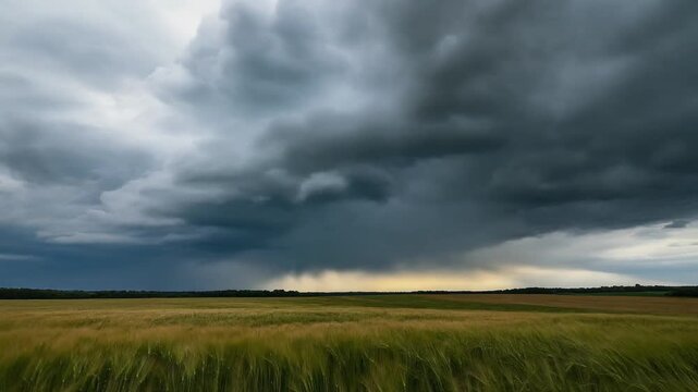 荒れゆく雲が広原を覆う迫力のドラマチックな空模様
