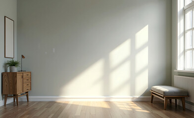 Fototapeta premium Minimalist interior with wooden cabinet, bench, and large window casting warm sunlight across a calm modern room.