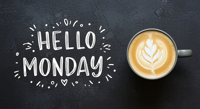 Hello Monday Morning Coffee Cup with Leaf Design Latte Art