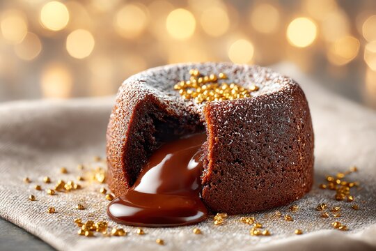 Chocolate lava cake just cracked with molten center oozing