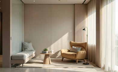 Modern cozy living room with warm sunlight, soft curtains, stylish armchair and minimal furniture, calm neutral background interior.