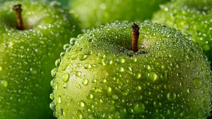 Crisp Granny Smith apples with refreshing water droplets, perfect for healthy eating campaigns or vibrant food product promotions that convey freshness