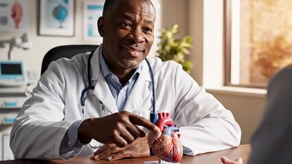 Cardiologist Explaining Heart Health to a Patient Using an Anatomical Model.