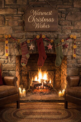 Warm rustic fireplace scene with stockings & candles. Great for greeting cards, home decor marketing, winter lifestyle ads & cozy cabin promotions.
