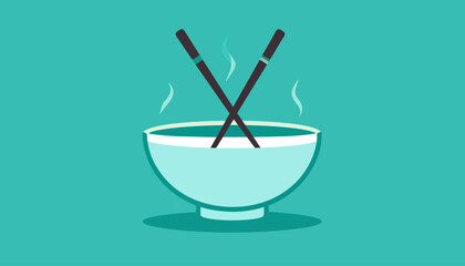 Minimalist illustration of a steaming bowl featuring elegant chopsticks, symbolizing the simple pleasure of a warm, comforting Asian meal and a clean, modern approach to food imagery