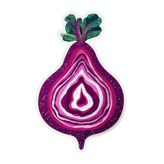Stylized cross-section of a beet with leafy greens on a striped background