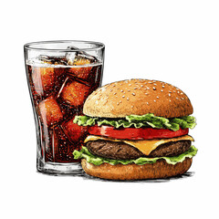 Hand-drawn illustration of a classic hamburger and a glass of cola with ice