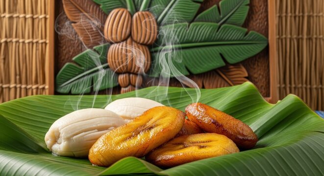 Sweet Burundian Ibitoke &ndash; Golden Caramelized Plantains in Banana Leaf | Banana Plant Carving & Reed Mat Background