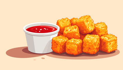 Delicious golden brown tater tots served with a side of ketchup, a popular snack or side dish