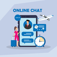 Online Chat and Customer Support for Travel and Flight Booking 2d flat vector illustration