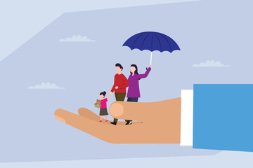 Family Protection and Security: Insurance or Umbrella Coverage Concept 2d flat vector illustration