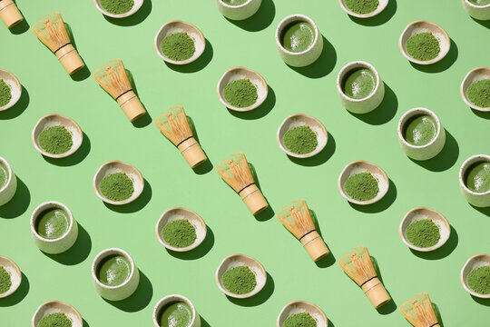 A beautiful pattern of matcha tea, bowls of matcha powder