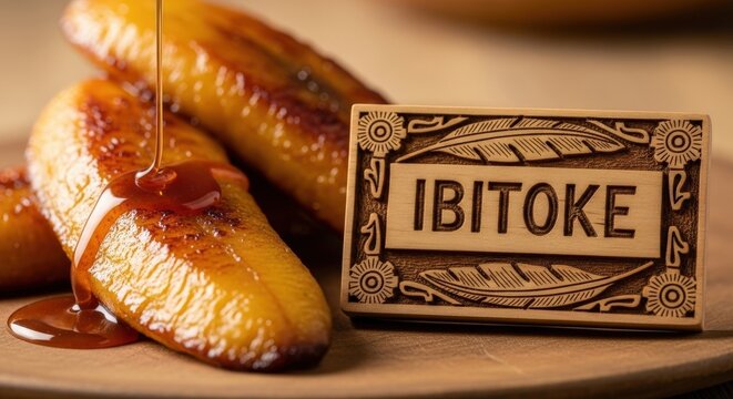 Plantains with Caramel Drip on Hand-Carved Umusizi Wood Plaque &ndash; IBITOKE Art with Banana Leaf & Sun Motifs