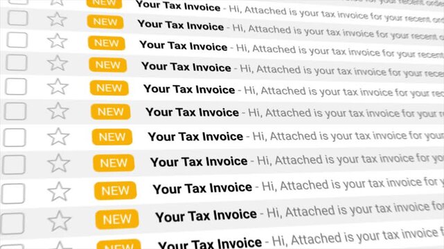 Your Tax Invoice email notifications repeatedly appear in an overflowing digital inbox. Perfect for themes of finance, billing, alerts, digital communication, and workload.