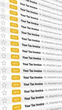 Your Tax Invoice email notifications repeatedly appear in an overflowing digital inbox. Perfect for themes of finance, billing, alerts, digital communication, and workload.