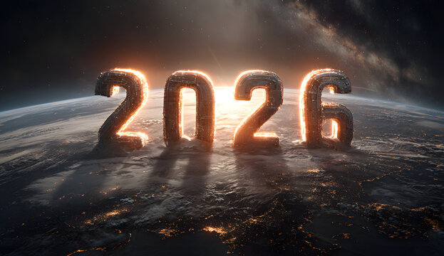 High quality photo of glowing numbers 2026 floating above planet earth in space