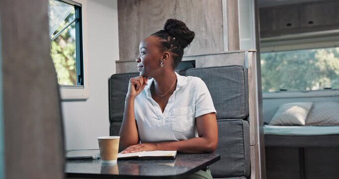 Road trip, thinking and writing with black woman in caravan for adventure, holiday or vacation. Book, idea and travel with happy African person in booth of camper for break, journaling or sightseeing