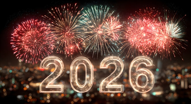 Vibrant red and pink fireworks explode in the night sky behind glowing neon numbers spelling out 2026