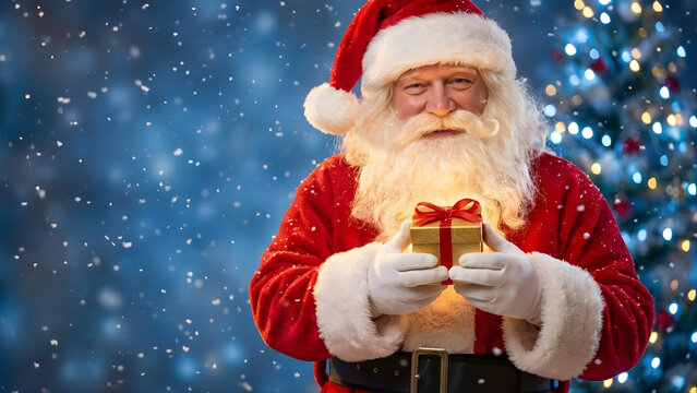 Retrato cinematogr&aacute;fico do Papai Noel segurando um presente m&aacute;gico em uma floresta de inverno.