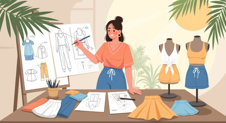 Fototapeta premium Fashion Designer Creating New Collection Sketches in Her Studio with Mannequins