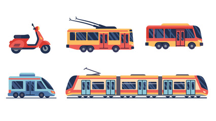 Collection of various colorful public transportation vehicles, including scooter and trains.