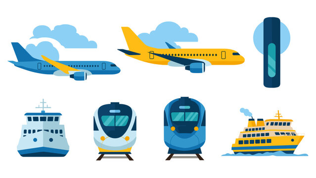 Collection of vector illustrations depicting various modes of transportation including airplanes, trains, a ferry, and a cruise ship against a white background.