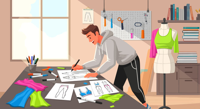 Dedicated male fashion designer sketching in his bright home studio workspace - Powered by Adobe