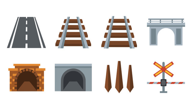 Collection of transportation infrastructure icons including road, railroad tracks, bridge, tunnels, wooden poles, and a railway crossing signal.