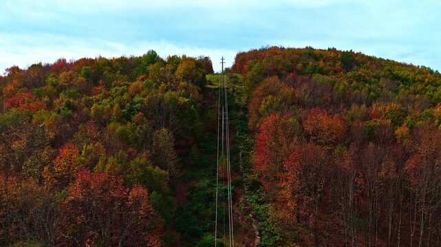 Powerlines crawling up a hill in a forest aerial top view flyover. Ideal to display energy transport, environmental themes or technology in rural areas.