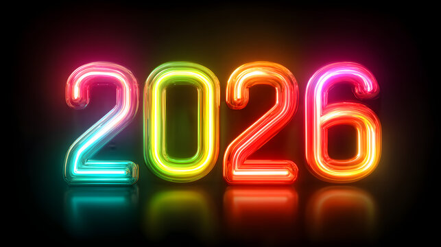 Neon Design Highlighting the Year 2026. 2026 neon glowing happy new year background.