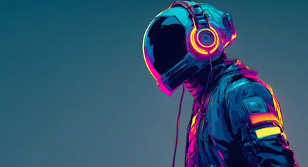 A futuristic DJ in a glowing neon suit and headphones welcomes 2026 with bright lights and colorful energy in a nightclub, symbolizing modern music and New Year's fun.