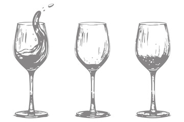 vector sketch Whiskey wine glass with alcohol liquid splash illustration. Bar menu design elements. Eps 10