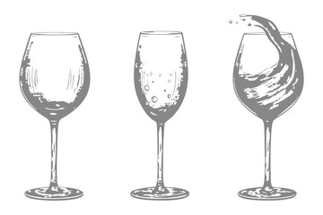 wine glasses with alcohol splash illustration. Vintage Bar menu design elements vector. Eps 10