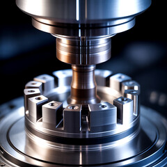 A CNC five-axis milling machine is precisely machining a metallic component on its table