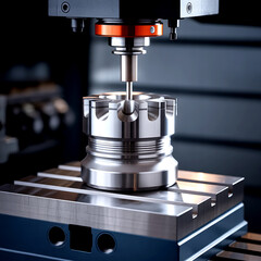 A CNC five-axis milling machine is precisely machining a metallic component on its table