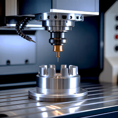 A CNC five-axis milling machine is precisely machining a metallic component on its table