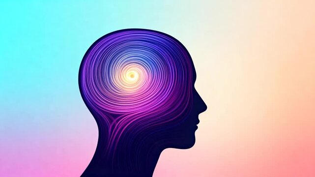 silhouette of a head with glowing swirling lines inside, representing focus and clarity, modern vector style rendering, soft gradients, hypnotism mind visualization