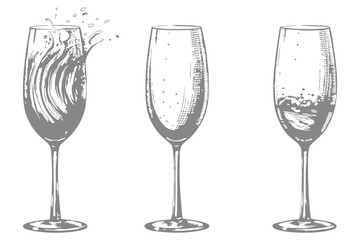 vintage style wine glasses with alcohol liquid splash for modern bar menu design. vector illustration. Eps 10
