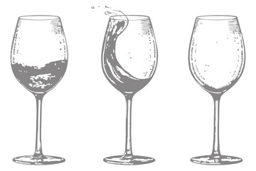 Whiskey wine glasses with alcohol liquid splash. Bar menu design elements vector illustration. Eps 10