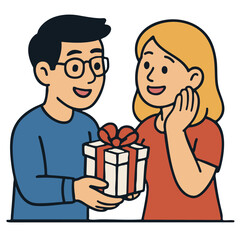 Man giving woman gift box with red ribbon, both smiling, happy couple, celebration moment