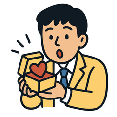Man holding gift box with heart, surprised expression, wearing yellow suit, romantic gesture