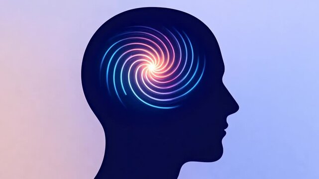 silhouette of a head with glowing swirling lines inside, representing focus and clarity, modern vector style rendering, soft gradients, hypnotism mind visualization