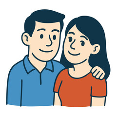 Happy couple illustration, man and woman smiling, arm around shoulder, casual clothing
